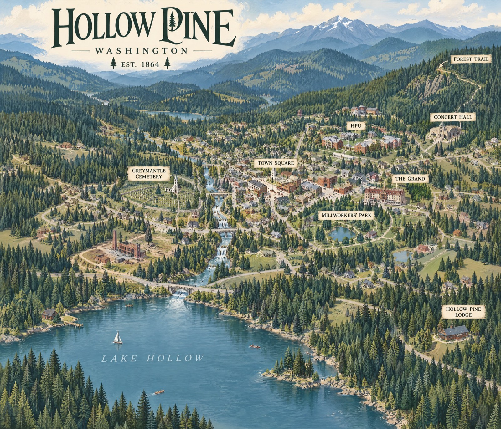 Panoramic illustrated map of the valley