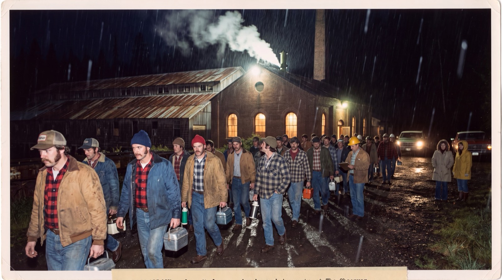 Workers leaving the mill at night after the last shift