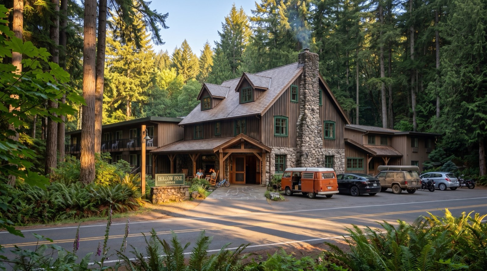 Hollow Pine Lodge among tall firs