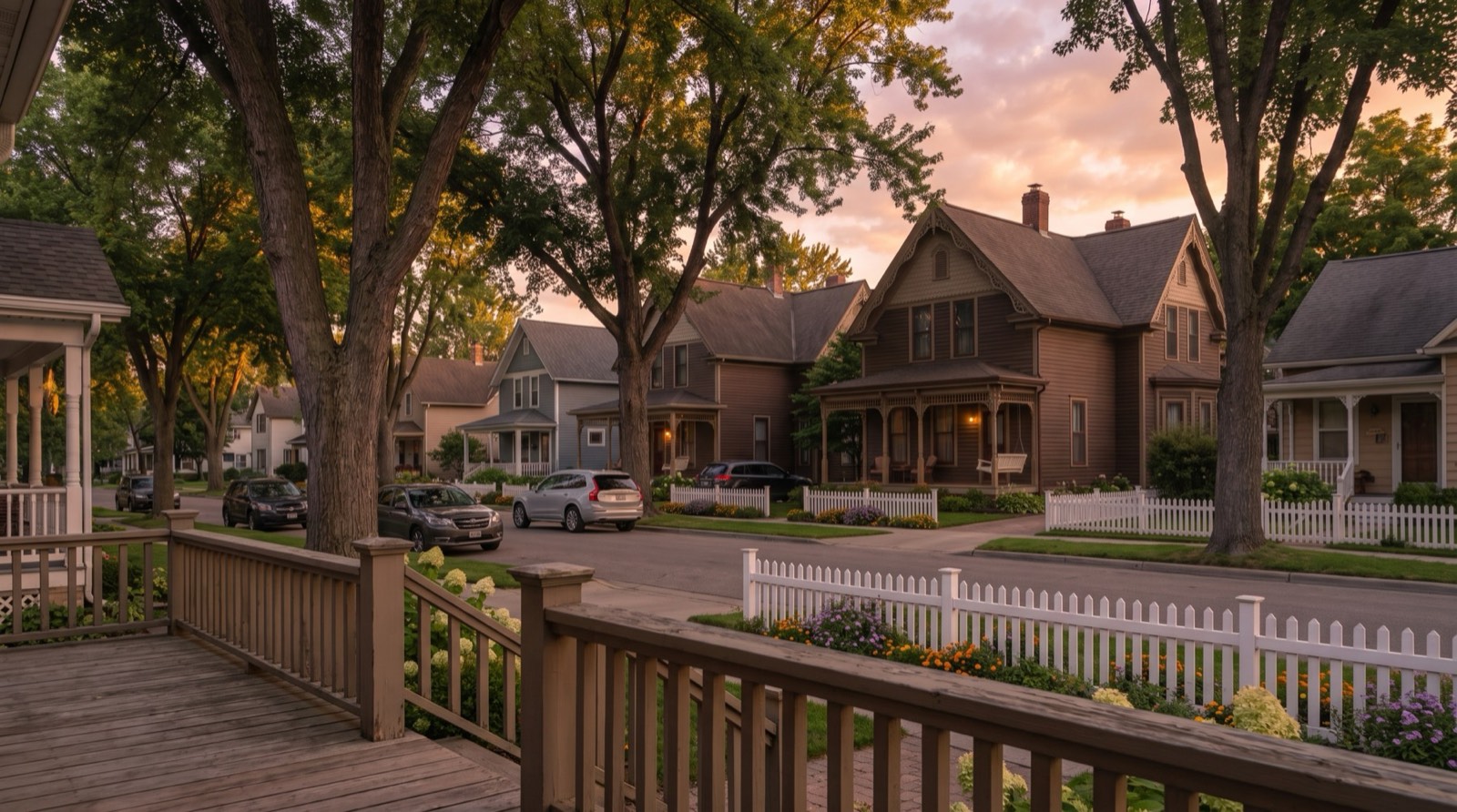 Victorian houses in Old Town at sunset