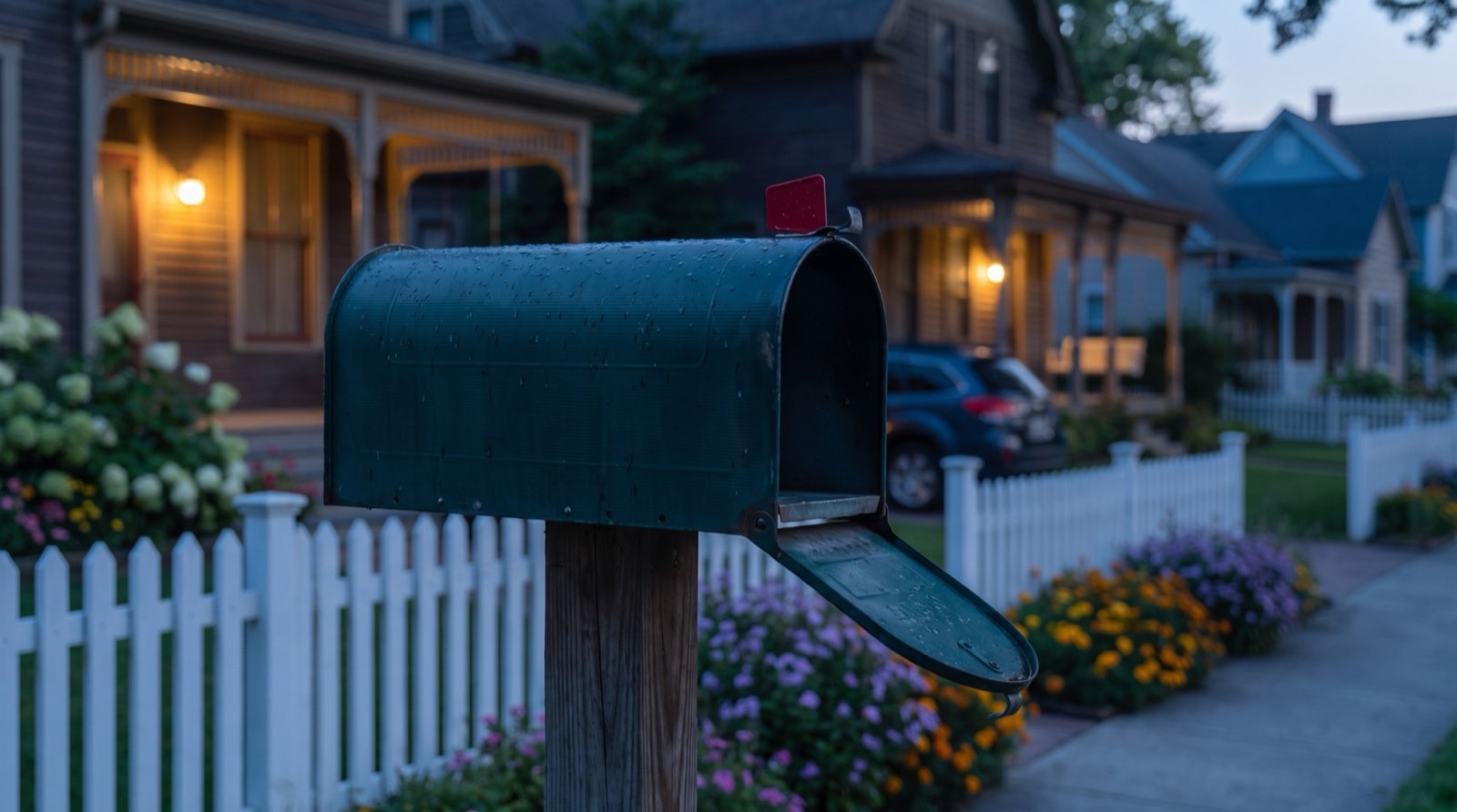 Green mailbox in front of an Old Town house