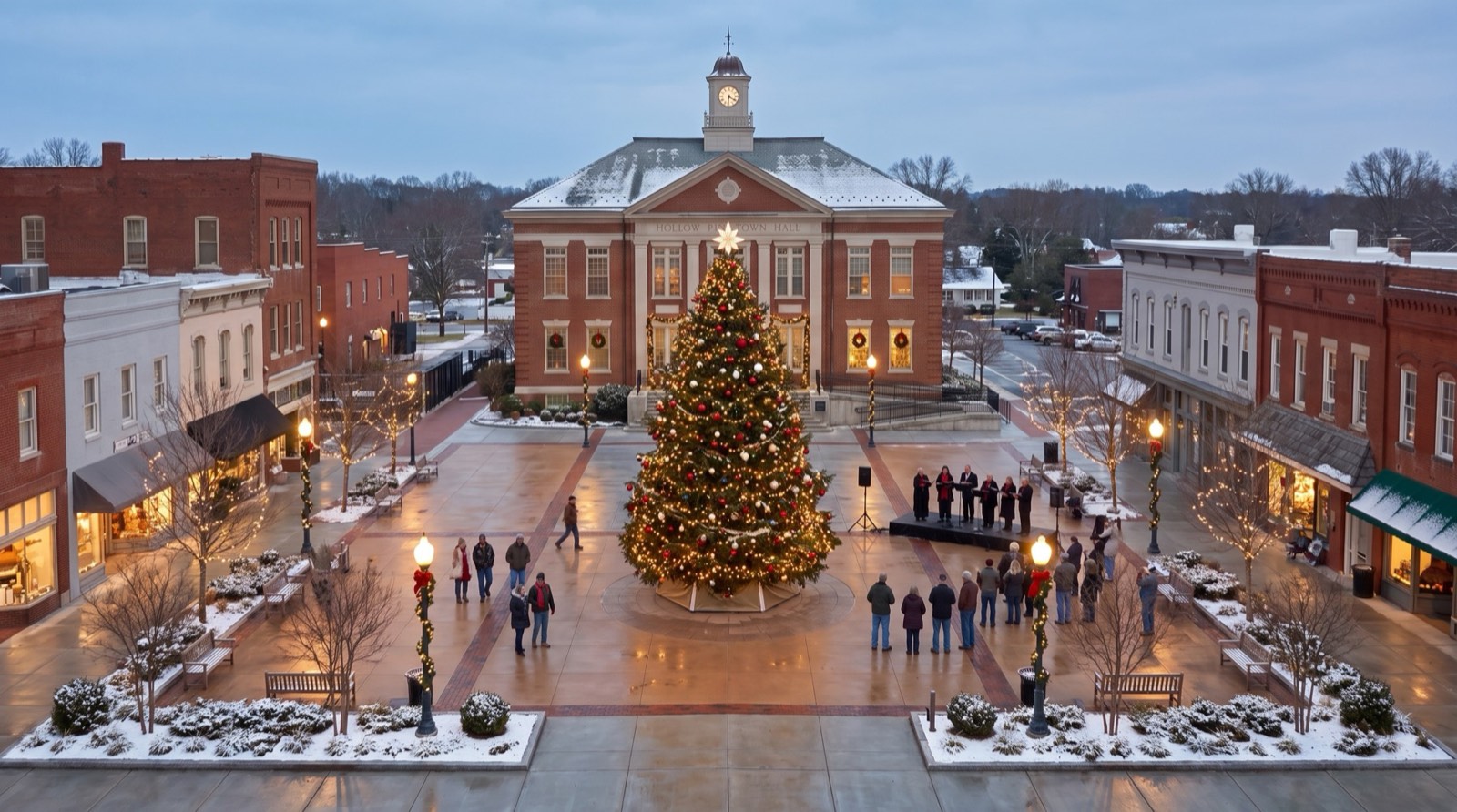 Town Hall and the Christmas tree in Town Square