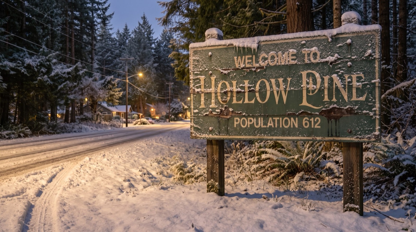 Welcome to Hollow Pine sign in snow