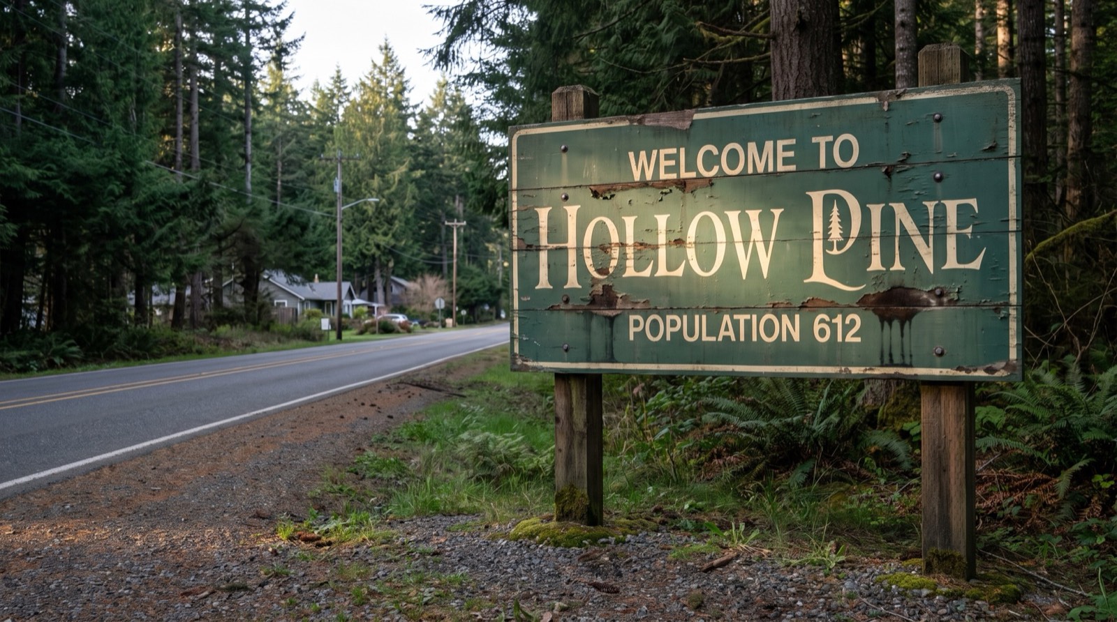 Welcome to Hollow Pine sign, Population 612